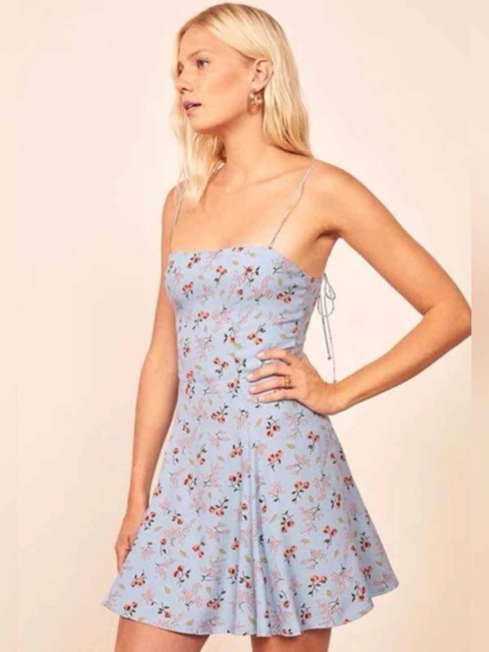 Reformation Light Blue Floral Spaghetti-Strap Mini Dress